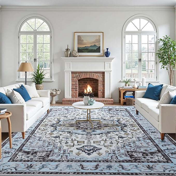 Vitnage Blue Area Rug, Low Pile Washable Rugs, Non-Slip Distressed Rugs for Bedroom, Living Room, Kitchen, Dining Room (Blue, 5x7)