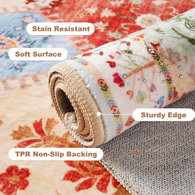 5x7 Washable Area Rug for Living Room, Boho Non-Slip Bedroom Rugs, Moroccan Floral Trellis Carpet Soft Low Pile Accent Indoor Mat for Kitchen Laundry Room Nursery, Cream