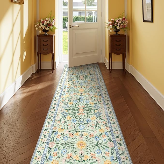 Lahome Machine Washable Runner Rug 2x6,Boho Bathroom Rug Runner,Vintage Floral Soft Ultra-Thin Indoor Throw Carpet for Entryway Bedroom Hallway Bath Laundry Room, Green/Multi