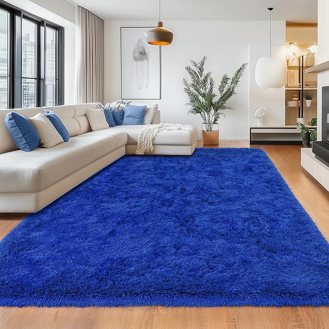 Blue Area Rugs 6x9 for Living Room, Large Shag Plush Rug Bedroom Carpet, Non-Slip Modern Fluffy Indoor Floor Rug for Kids Girls Room Dorm Nursery Home Decor Aesthetic