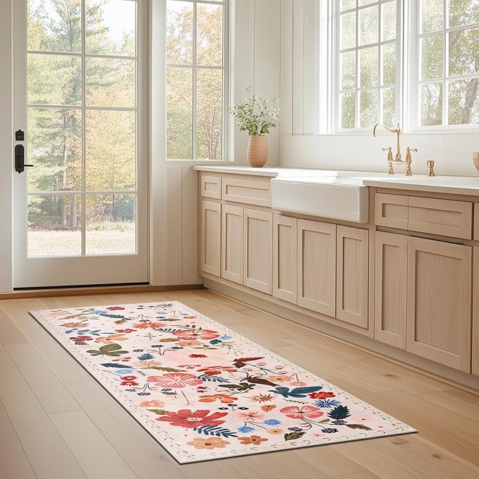 2x6 Runner Rugs for Hallways Non Slip with Rubber Backing Stain Resistant Area Rug Washable Beige Boho Floral Ultra-Thin Carpet Rugs Indoor for Entryway Kitchen Bedroom Laundry Bathroom Stairwell