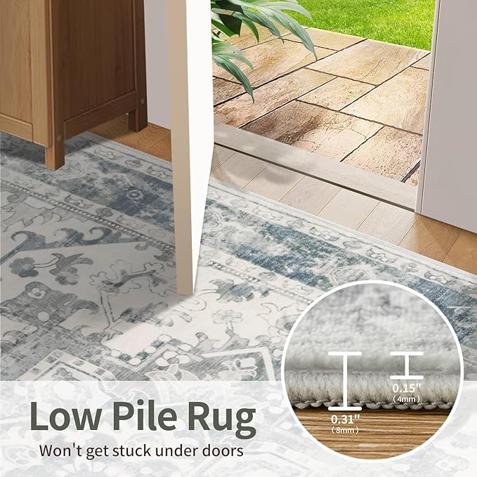2x3 Door Mat Indoor Entrance, Washable Non Slip Kitchen Bathroom Rugs, Ultra-Thin Throw Small Rug for Front Door/Indoor Entrances, Blue Grey
