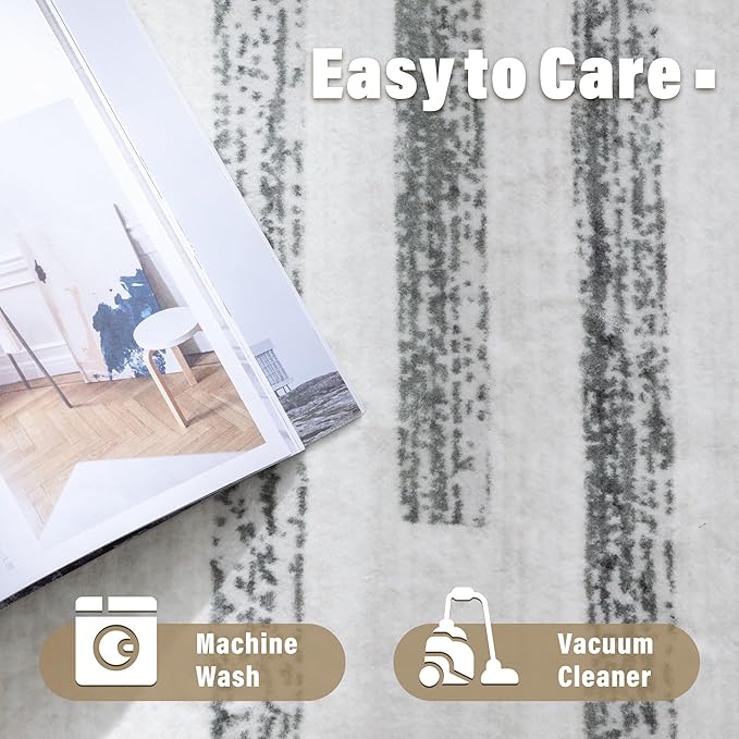 Carvapet Rugs for Living Room Bedroom, Soft Striped Modern Boho Low Pile Large Carpet with Rubber Backing, Foldable, Non Slip Machine Washable (9 x 6 Feet Rectangular, Grey/Green Area Rug)