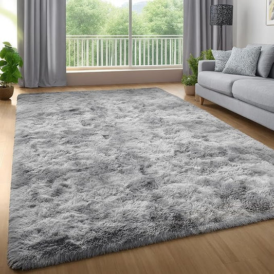 Zentavio Grey and White Area Rugs for Living Room Men Room Carpet 4x6 Bedroom Fluffy Furry Shag Aesthetic Plush High Pile Floor Rug for Kids Room Dorm Home Decor Tie-Dyed Grey White