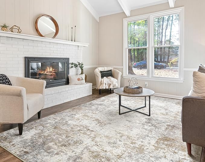 10x12 Area Rug Living Room Rugs - Washable Neutral Modern Abstract Soft Thin Large Rug Indoor Floor No Slip Rug Carpet for Bedroom Under Dining Table Home Office Decor - Brown Grey