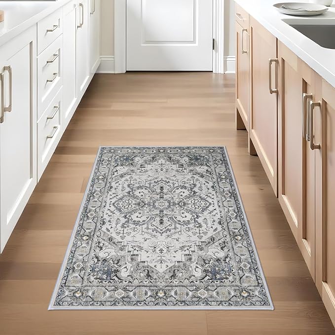 Washable Area Rug Vintage - Living Room Farmhouse Oriental Rug 2x3 Distressed Non-Slip Stain Resistant Carpet for Bedroom Dining Room Home Kitchen Office (2x3 Grey)