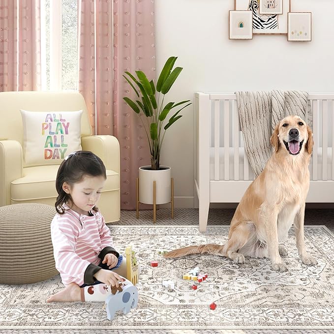 5'x7' Machine Washable Abstract Design Area Rug Machine Washable Area Rugs 5X7, Non Slip, Stain Resistant, Home Decor Living Room Area Rugs 5x7 (Beige Cream 5x7)…