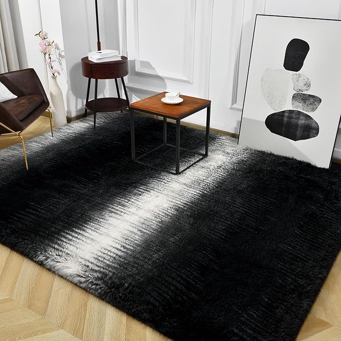 TWINNIS Super Soft Shaggy Rugs Fluffy Carpets, 5x8 Feet, Indoor Modern Plush Area Rugs for Living Room Bedroom Kids Room Nursery Home Decor, Upgrade Anti-Skid Rectangular Fuzzy Rug, Black White