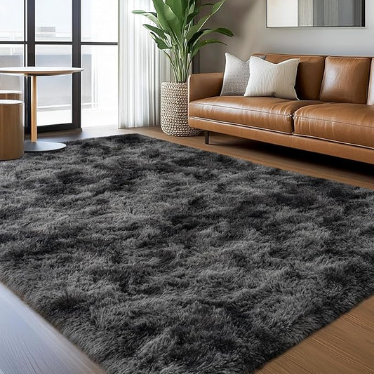 5x7 Shaggy Rugs for Living Room, Tie-Dyed Dark Grey Fluffy Area Rug for Bedroom, Soft Plush Shag Carpet for Kids Room, Indoor Non-Slip Fuzzy Rug