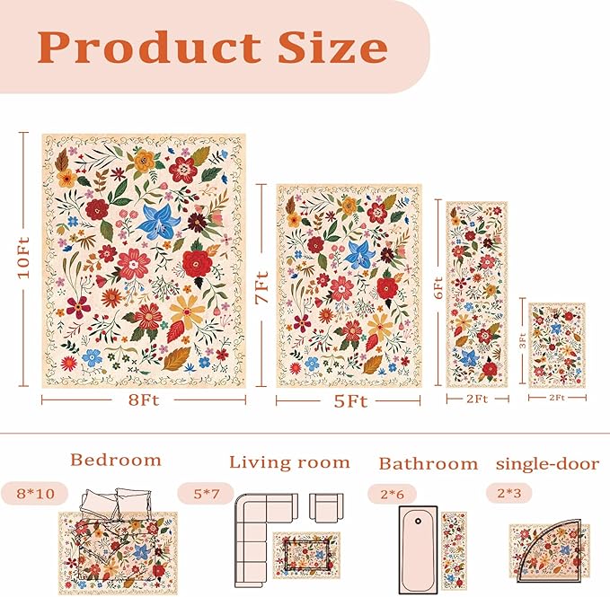 Washable Area Rugs 5'x7' Living Room, Non Slip Floral Vintage Low Pile Large Rugs for Living Room Stain Resistant for TribalBedroom, Farmhouse, Dining Room, Kids Playroom