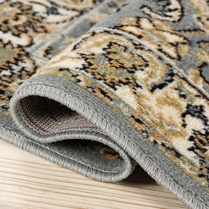 Superior Indoor Runner Rug, Jute Backing, Plush Floral Rugs for Entryway, Kitchen Floors, Office Floor Cover, Traditional Oriental Rugs, Lille Collection, 2' 7" x 8', Grey
