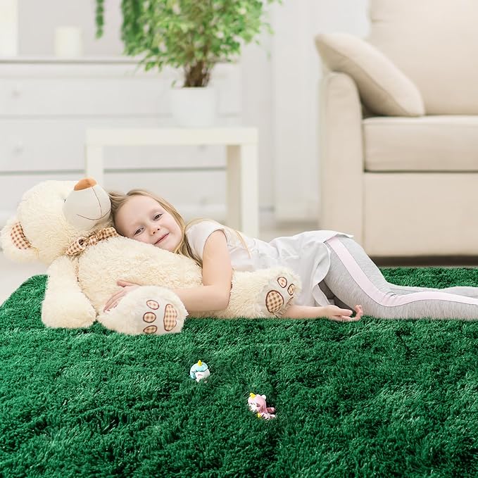 4x6 Area Rug for Bedroom, Green Rugs for Living Room Nursery Kids Room Dorm Home Decor Aesthetic, Fluffy Shaggy Rug with 4 Anti-Slip Carpet Tapes, Dark Green