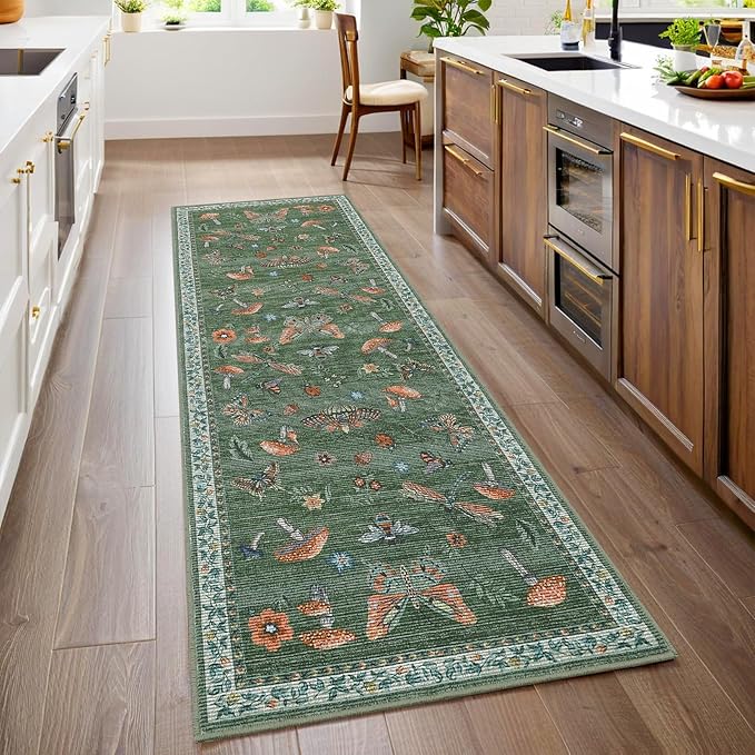 2.5x8 Runner Rug for Hallway Washable Kitchen Rugs Non Slip with Rubber Back Mushroom Soft Low-Pile Stain Resistant Foldable Indoor Carpet for Entryway Laundry Room Floor Mats Green