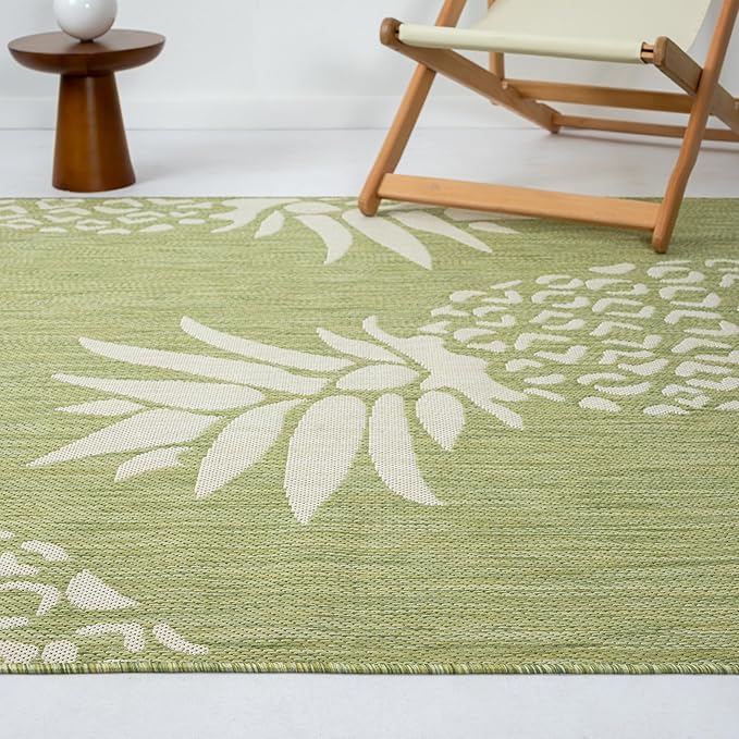 LR Home 5 x 7 Indoor / Outdoor Area Rug for Home Decor | Coastal Pineapples large size carpet for living room, bedroom, playroom, patio, garden | Modern farmhouse rug | Dark Green / Beige