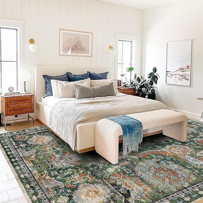 Washable Area Rugs - Perfect for Living Room, Bedroom, Kids Room, Nursery - Stain & Water Resistant Non-Slip, Pet & Child Friendly, Vintage Tribal Area Rugs (Green, 5' x 7')