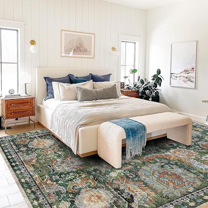 Washable Area Rugs - Perfect for Living Room, Bedroom, Kids Room, Nursery - Stain & Water Resistant Non-Slip, Pet & Child Friendly, Vintage Tribal Area Rugs (Green, 6' x 9')