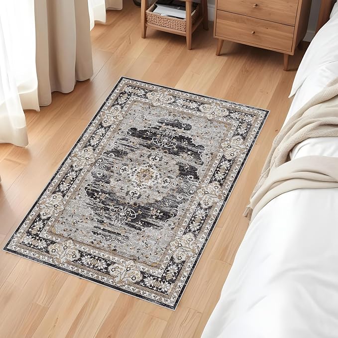 Washable Entryway 2x3 Rug: Small Boho Rugs for Indoor Entrance Non Slip Backing Stain Resistant Carpet Low Pile Throw Rugs for Bedroom Bedside Inside Front Door Floor Kitchen Decor(Black,2x3FT)