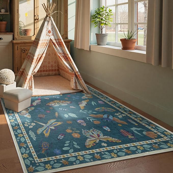 Beeiva Insect Print Washable Rugs 5x7, Soft Butterfly Playroom Rug Non Slip, Low Pile Thin Area Rugs for Living Room Foldable Large Carpet for Dining Room, Kids Room, Bedroom - Dark Green