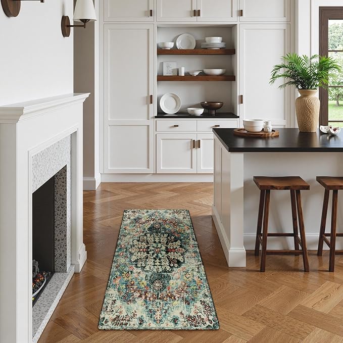 Lahome Bohemian Floral Medallion Rug - 2x4 Washable Kitchen Rug Soft Laundry Room Runner, Vintage Non Skid Indoor Throw Carpet for Entryway Doorway Bathroom Sink, Teal