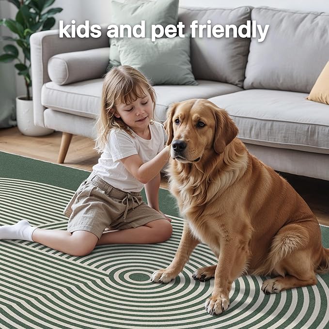 Bavni Area Rugs 8x10, Modern Soft Bedroom Rug, Machine Washable Rug Non Slip, Abstract Low Pile Large Rugs for Living Room, Dining Room, Sage Green Lines