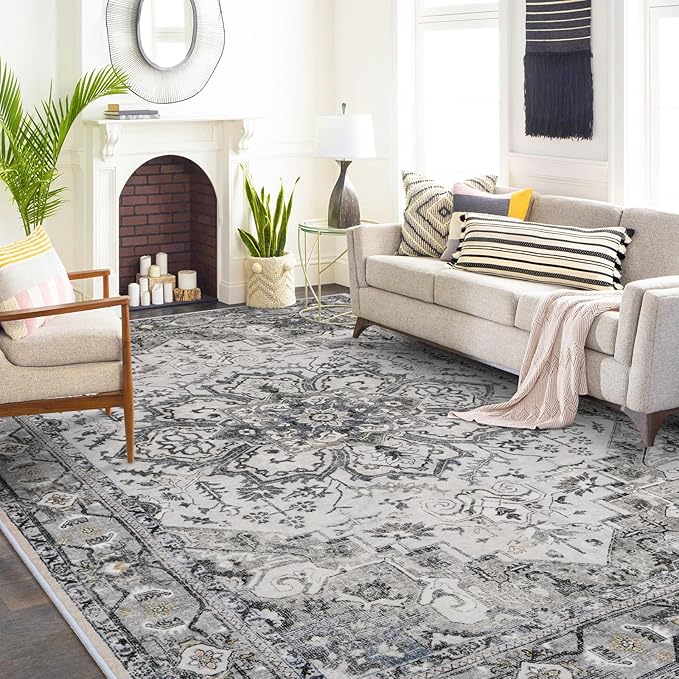 Washable Area Rug 9x12 - Living Room Farmhouse Vintage Oriental Rug Large Distressed Non-Slip Stain Resistant Carpet for Bedroom Dining Room Home Office (9x12 Grey/Blue)