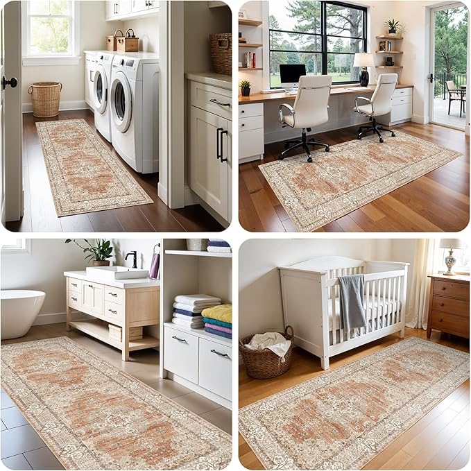 3x10 Runner Rug for Hallway Washable: Non Slip Kitchen Rugs with Rubber Backing Soft Waterproof Mats Stain Resistant Indoor Vintage Carpet Runner for Bedroom Bathroom Laundry Entryway Brick/Terracotta