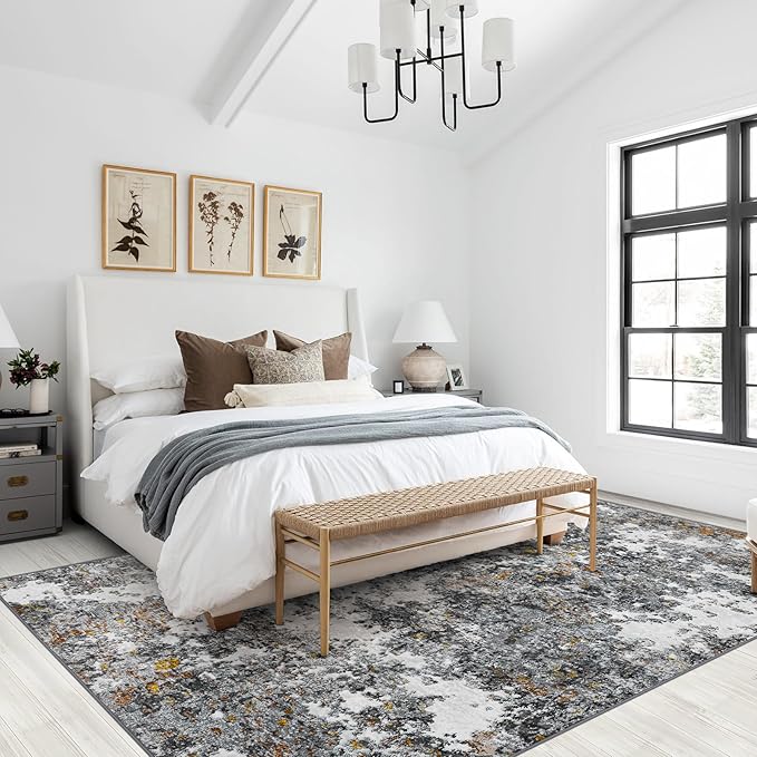 Washable Rug 6x9 Area Rugs: Soft Large Living Room Rug with Anti-Slip Backing Non-Shedding Stain-Resistant Modern Abstract Carpet for Bedroom Dining Room Nursery Home Office-Gray/Multi