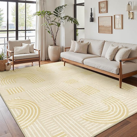 Bavni Area Rugs 8x10, Modern Soft Bedroom Rug, Machine Washable Rug Non Slip, Abstract Low Pile Large Rugs for Living Room, Dining Room, Abstract Yellow Beige
