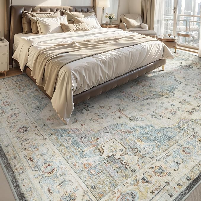 AMOAMI-3X5 Area Rug-Soft Washable Rug for Living Room Bedroom -Non Slip Entryway Rug-Indoor Vintage Throw Rug Accent Rug for Living Room Laundry Room Kitchen Bathroom Bedside Aqua