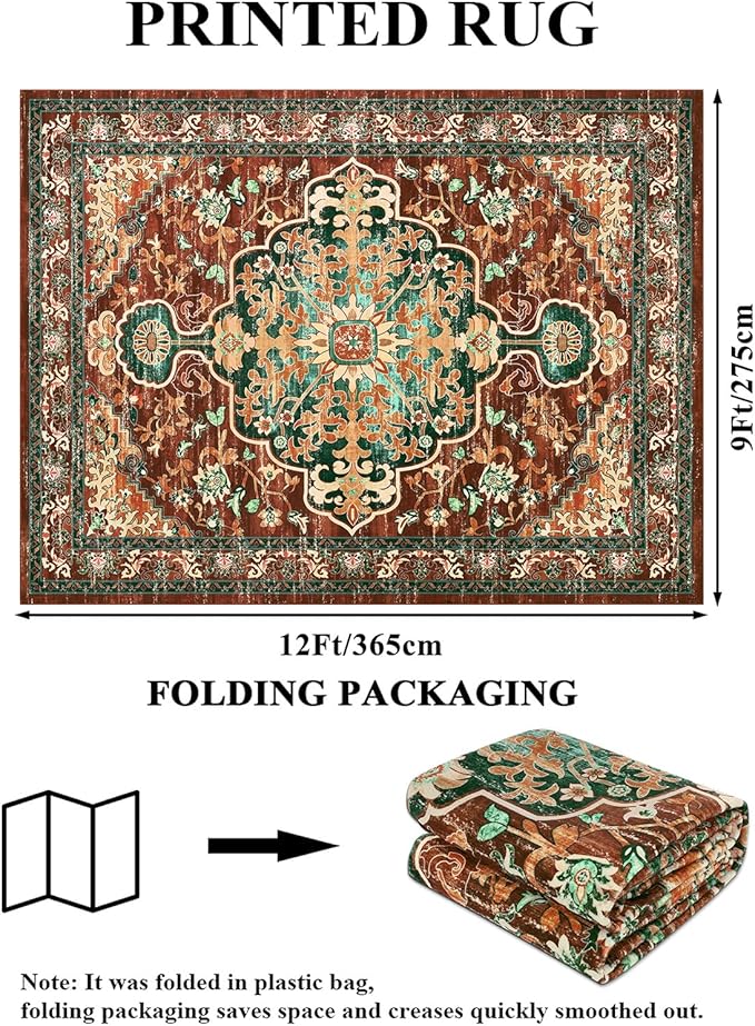 U'Artlines Boho Vintage Area Rug 9x12 ft Machine Washable Low Pile Soft Floor Carpet Non Slip Non Shedding Accent Rug for Living Room Bedroom Entryway Dining Room Office Rust＆Teal