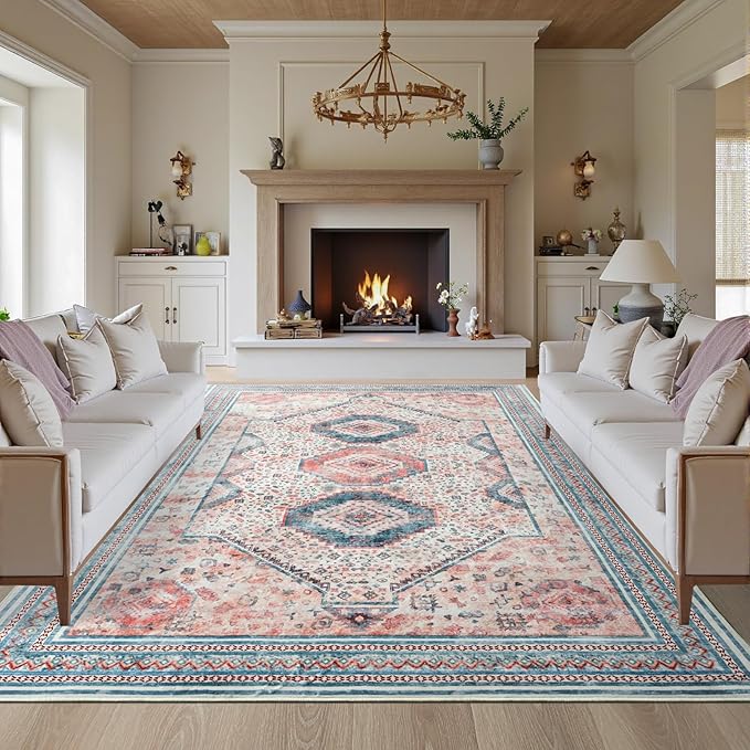 Maxsoft 5X8 Area Rug,Vintage Machine Washable Rugs for Living Room, Soft Non-Slip Low Pile Rug, Stain Resistant Rugs for Kitchen, Bedroom, Dining Room,Laundry Room,Nursery (Light Orange)