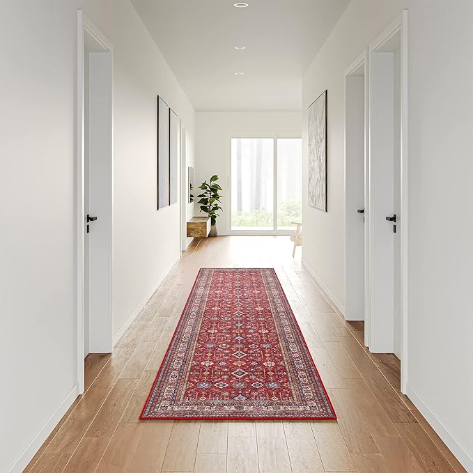Rugland 2'6x8' Runner Rug - Stain Resistant Entryway Rug, Anti Slip Backing Hallway Runner Rug, Vintage Tribal Area Rugs(TPR10-Burgundy, 2'6x8')