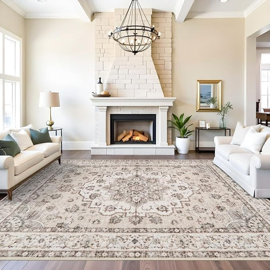 Washable 9x12 Large Area Rug: Vintage Non-Slip Backing Rugs for Living Room Stain Resistant Bedroom Carpet Soft Medallion Farmhouse Floor Mat for Dining Room Home Office 9x12 Cream/Beige