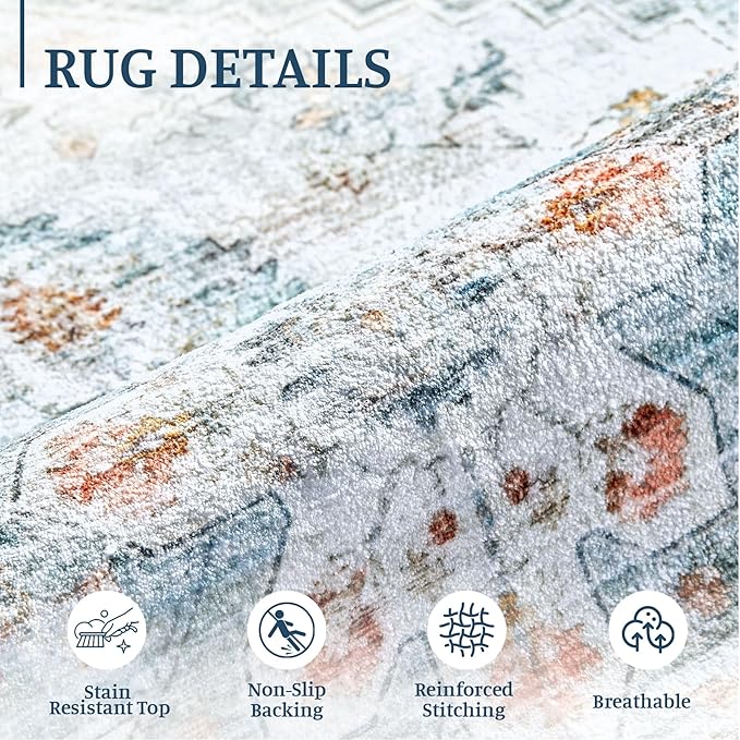 2x3 Rug Entryway Rugs: Washable Boho Vintage Small Rug Indoor Medallion Soft Non Slip Ultra Thin Non-Shedding Front Door Mat for Kitchen Bathroom Bedroom (Azure Blue 2'x3')