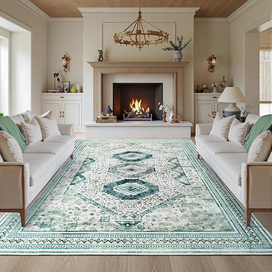 Maxsoft 8x10 Area Rug,Vintage Machine Washable Rugs for Living Room, Soft Non-Slip Low Pile Rug, Stain Resistant Rugs for Kitchen, Bedroom, Dining Room,Laundry Room,Nursery (Light Green)