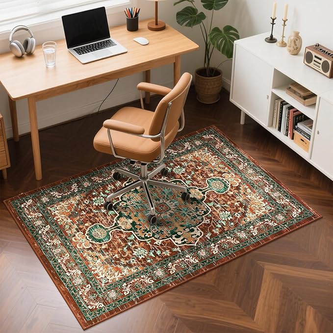 U'Artlines Boho Vintage Area Rug 4x6 ft Machine Washable Low Pile Soft Floor Carpet Non Slip Non Shedding Accent Rug for Living Room Bedroom Entryway Dining Room Office Rust＆Teal