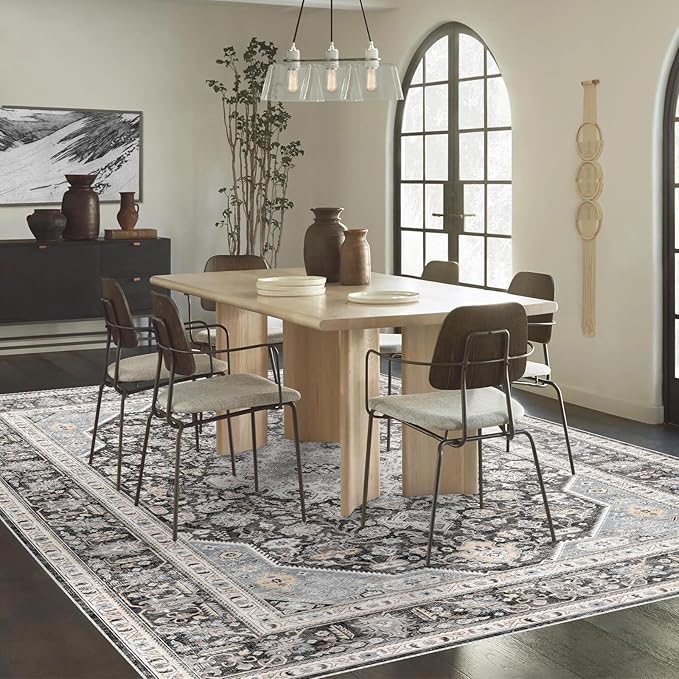 Washable Area Rug 6x9 - Bedroom Living Room Large Indoor Rugs Soft Oriental Vintage Rugs Non-Slip Backing Stain Resistant for Farmhouse Kitchen (Slate Grey/Black 6x9)