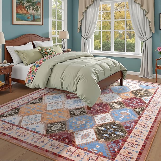 6x9 Washable Area Rug for Living Room, Brown Boho Non-Slip Bedroom Rugs, Moroccan Floral Trellis Carpet Soft Low Pile Vintage Indoor Mat for Kitchen Laundry Room