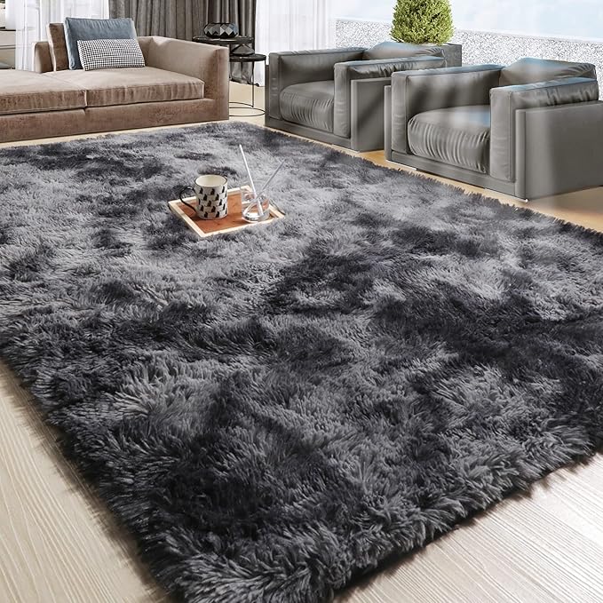 RUGTUDER 5x8 Fluffy Tie-Dyed Dark Grey Rug, Bedside Preppy Dorm Area Rug for Kids Room, Non-Slip Shaggy Design Rugs for Boys Living Room, Baby Nursery, Indoor Modern Plush Home Decor Aesthetic
