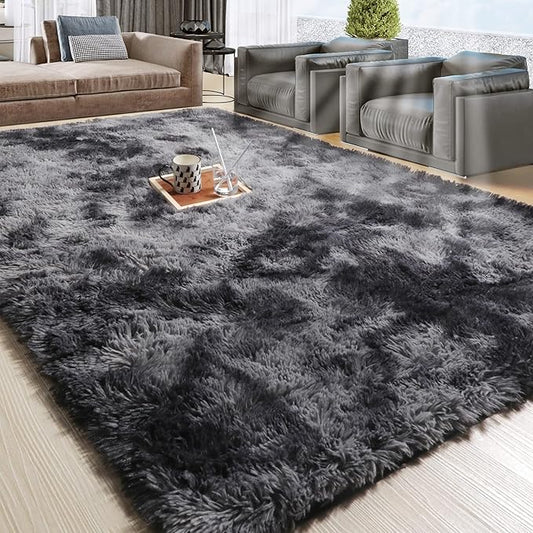 RUGTUDER 5x8 Fluffy Tie-Dyed Dark Grey Rug, Bedside Preppy Dorm Area Rug for Kids Room, Non-Slip Shaggy Design Rugs for Boys Living Room, Baby Nursery, Indoor Modern Plush Home Decor Aesthetic