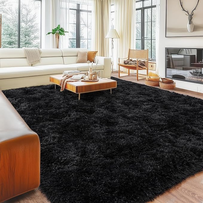Black Area Rugs 8x10 for Living Room, Large Shag Plush Rug Bedroom Carpet, Non-Slip Modern Fluffy Indoor Floor Rug for Kids Room Dorm Nursery Home Decor Aesthetic