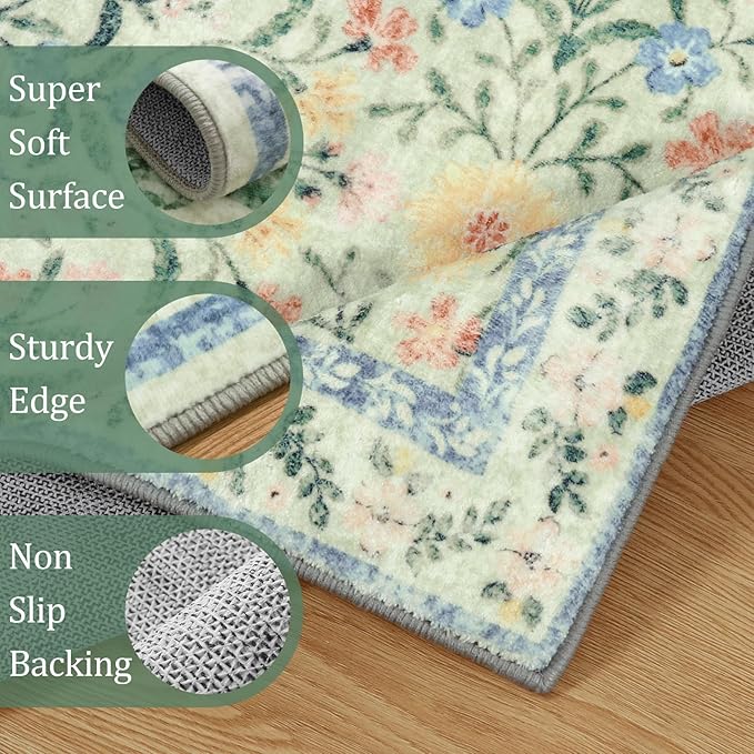 Morebes Washable Kitchen Runner Rug 2x6, Green Boho Floral Hallway Rug Runner Non Slip,Vintage Flower Soft Ultra-Thin Indoor Throw Carpet for Entryway Bathroom Laundry Room