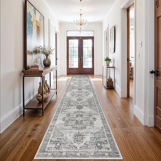 RUUGME Hallway 3x14 Runner Rugs - Large Boho Rugs for Living Room Stain Resistant Carpet Vintage Tribal Rugs for Bedroom Kitchen Bathroom Non Slip Backing Decor Floor Decoration Mat 3X14 Grey