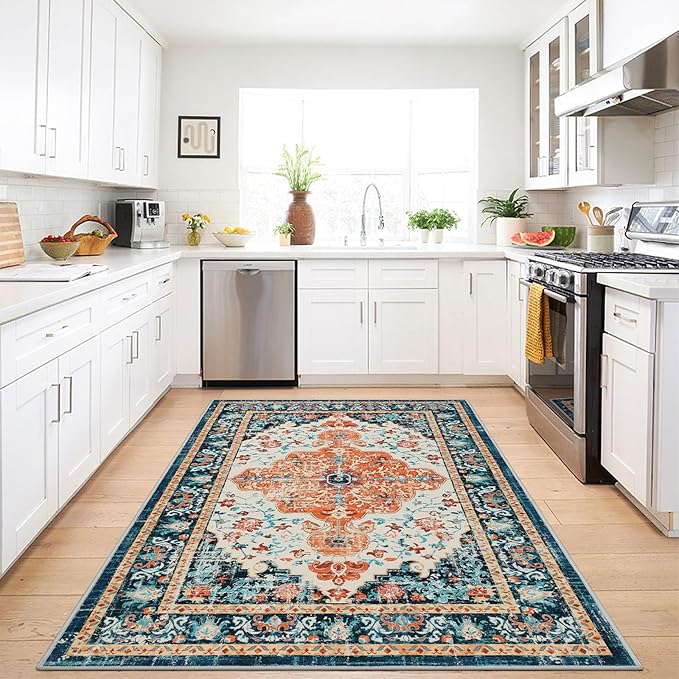 U'Artlines Boho Vintage Area Rug 3x5 Machine Washable Low Pile Soft Floor Carpet Non Slip Non Shedding Accent Rug for Living Room Bedroom Entryway Dining Room Office Orange/Multi