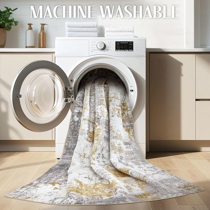 Washable Rug 9x12 Area Rugs for Living Room: Modern Abstract Neutral Soft Large Rug Bedroom Dining Room Under Kitchen Table Home Office Decor - Grey Gold