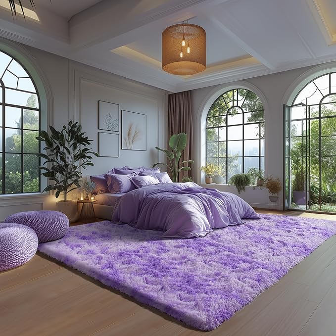 Zentavio Large Area Rugs for Living Room Purple Rugs for Girls Room 8x10 Carpet for Bedroom Washable Soft Fluffy Shag Aesthetic Plush High Pile Throw Rug for Nursery Kids Room Dorm Room Tie-Dyed