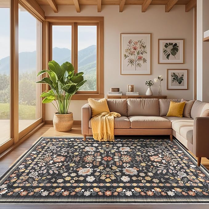 10x14 Area Rug Living Room Rugs - Washable Boho Vintage Floral Large Soft Non Slip Thin Rug Low Pile Carpet for Bedroom Dining Room Kids Playroom Office Decor Indoor- Black Grey