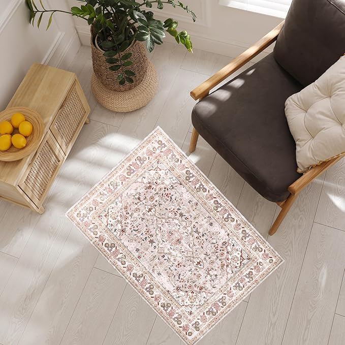 Vhong Pink Area Rugs Washable Boho Vintage Modern Neutral Small Carpet 2×3 Doormat for Bathroom Kitchen Entryway Girls' Room Nursery Room Non Slip
