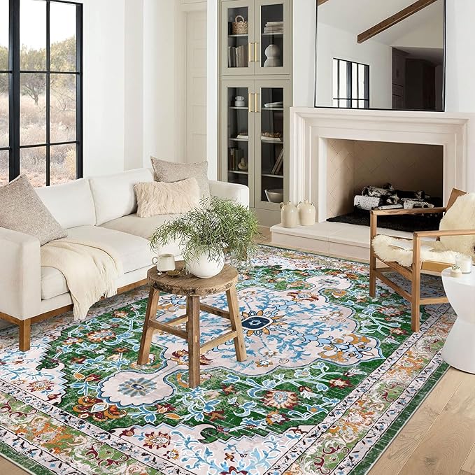 U'Artlines Boho Vintage Area Rug 9x12 Machine Washable Low Pile Soft Floor Carpet Non Slip Non Shedding Accent Rug for Living Room Bedroom Entryway Dining Room Office Green
