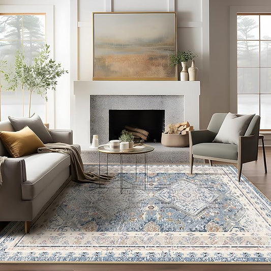 Phantoscope Vintage Collection Area Rug 5'x7' for Living Room - Washable Rug Large Boho Carpet Non-Slip for Bedroom Dining Room, Indoor Low-Pile Neutral Distressed Accent Rug, Dusty Blue/Multi